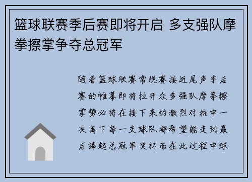 篮球联赛季后赛即将开启 多支强队摩拳擦掌争夺总冠军
